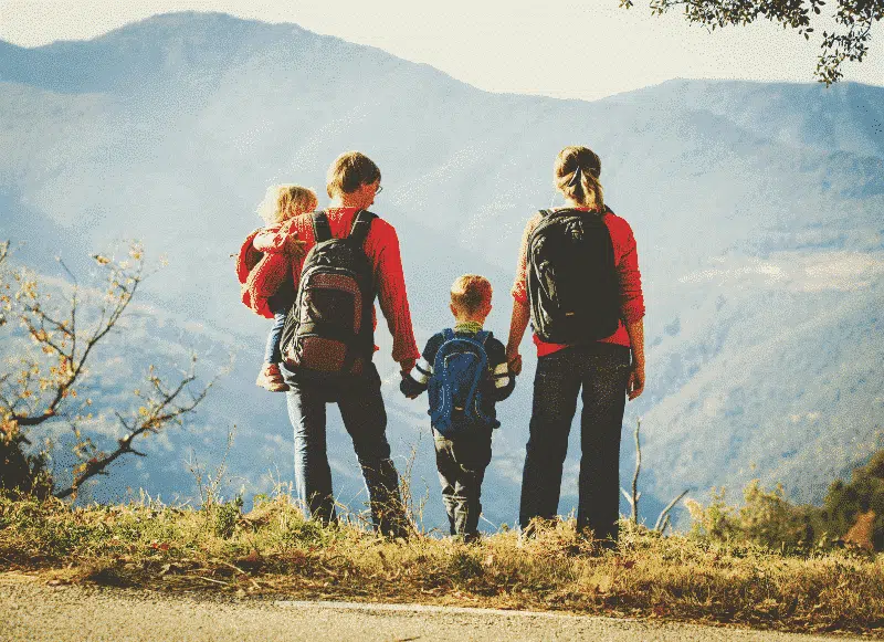 Rodzina - dwoje dorosłych i dwoje dzieci na tle krajobrazu górskiego. Fundacja dla Rodziny. Odwróceni tyłem. Młodsze dziecko na rękach mężczyzny.