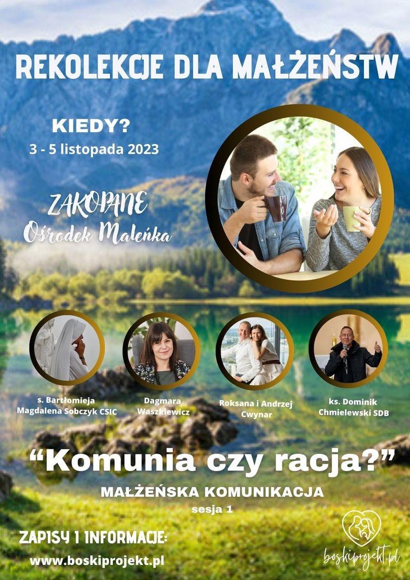 Plakat promujący rekolekcje dla małżeństw w Zakopanem, 3-5 listopada 2023, z sesją o komunikacji.