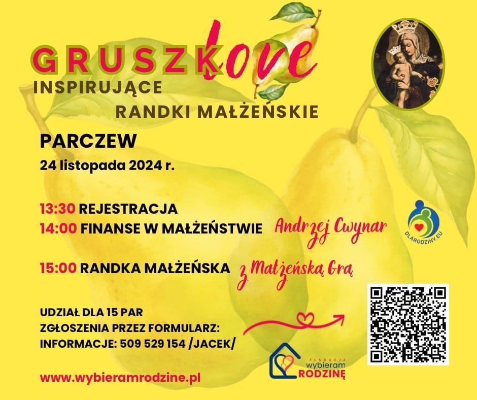 Grafika promująca wydarzenie Gruszkolove dla małżeństw w Parczewie, 24.11.2024. Szczegóły na www.wybieramrodzine.pl.