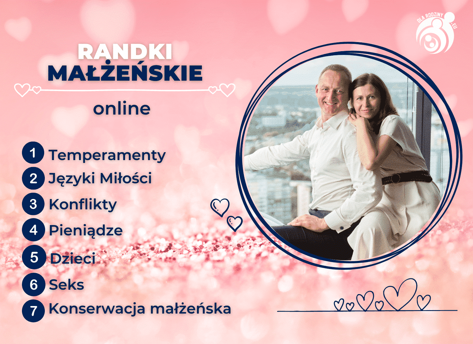 Para siedzi blisko siebie na tle dużego miasta. Obok lista tematów do omówienia na randkach małżeńskich online.