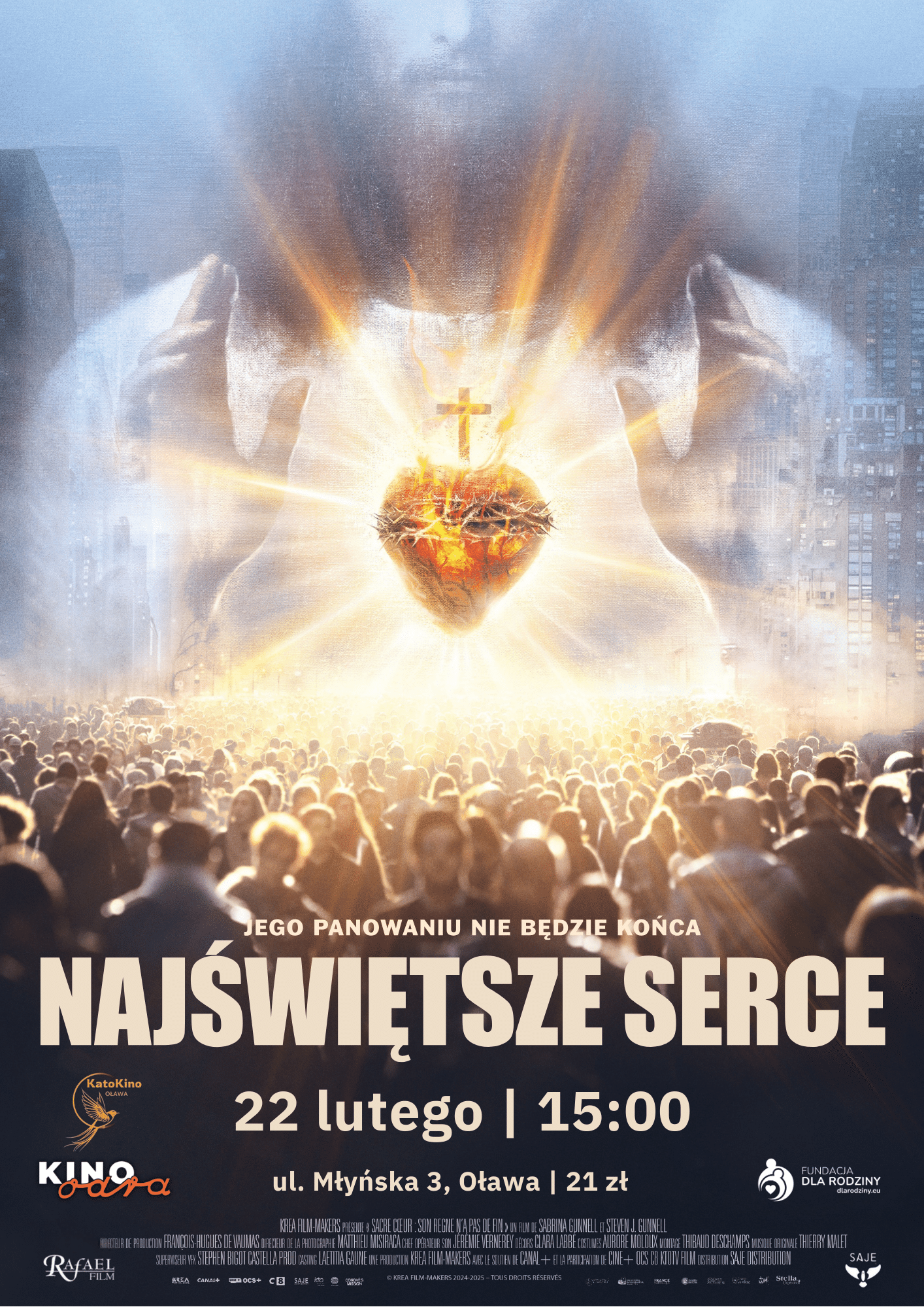Plakat filmu „Najświętsze Serce” z postacią i płonącym sercem nad tłumem. Premiera 22 lutego w Oławie.