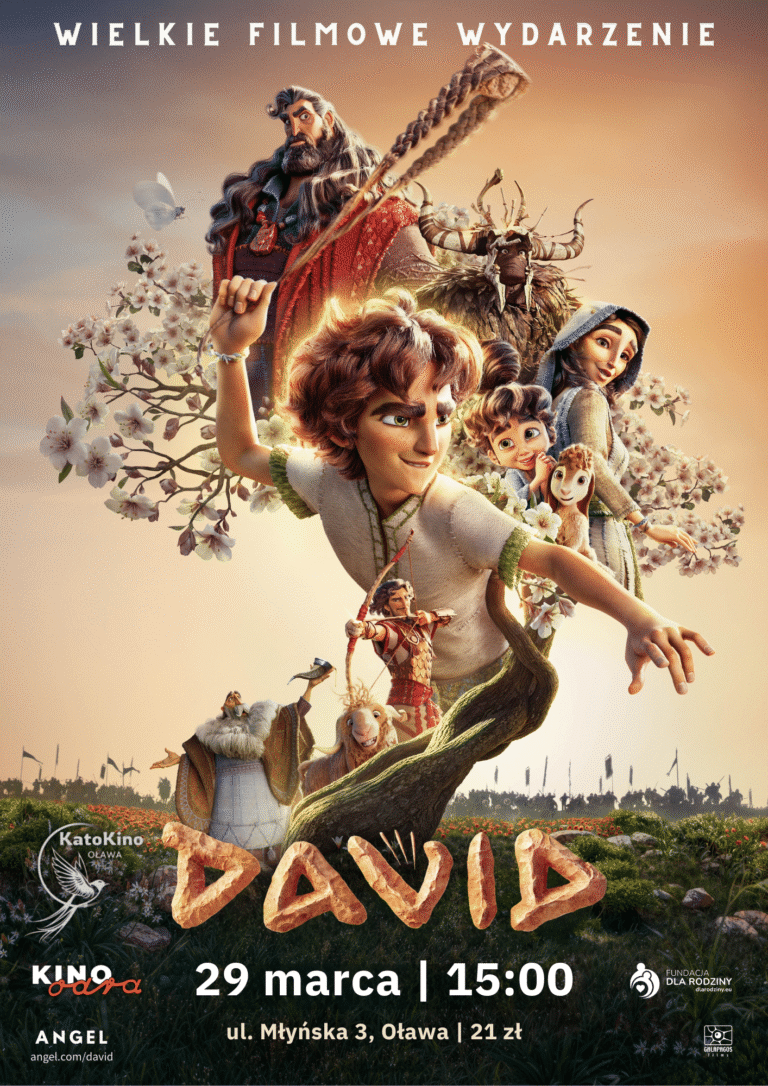 Plakat filmu animowanego David. Postacie z kwiatami w tle, seans 29 marca w Oławie, godzina 15:00.