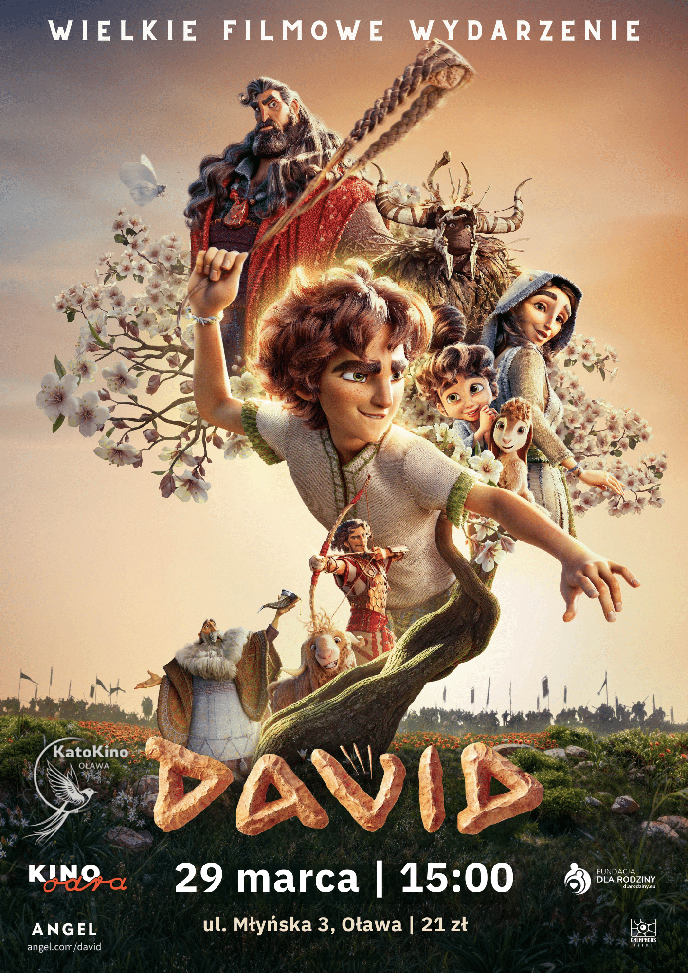 Plakat filmu animowanego David. Postacie z kwiatami w tle, seans 29 marca w Oławie, godzina 15:00.