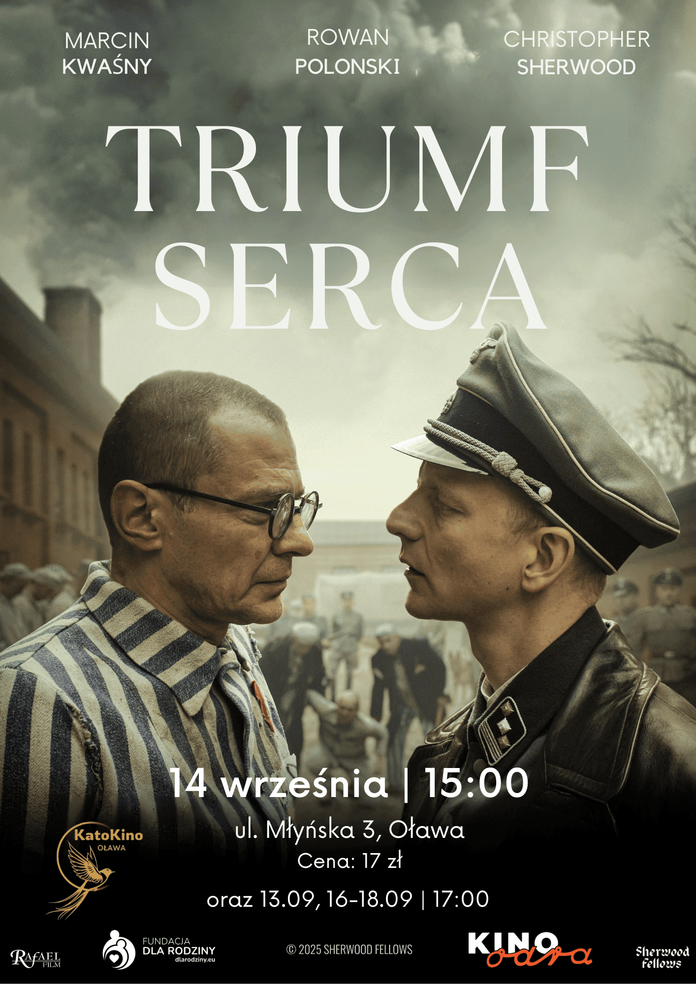 Plakat filmu Triumf Serca z więźniem i żołnierzem twarzą w twarz. Szczegóły seansu w kinie Odra w Oławie.