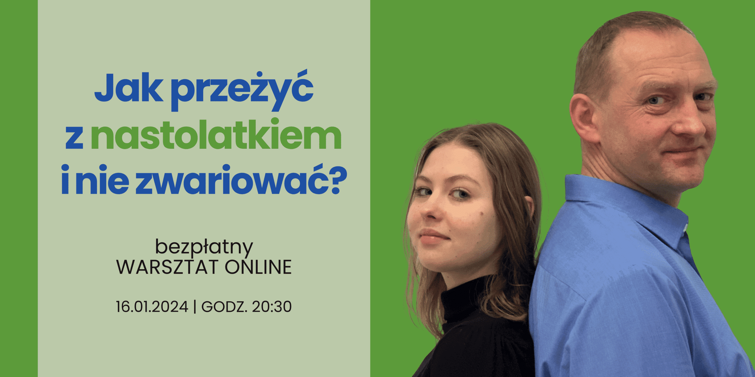 Osoby stojące tyłem do siebie na tle plakatu promującego warsztat online o relacjach z nastolatkami.