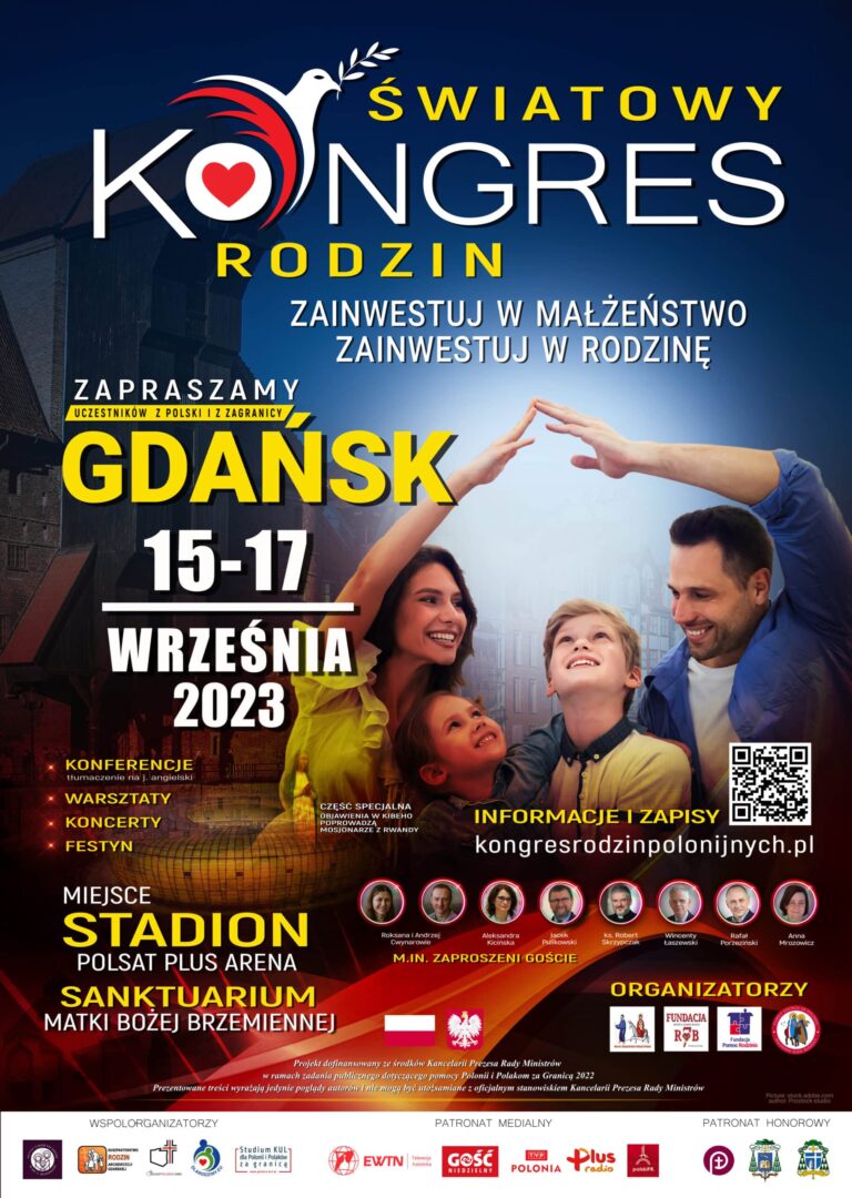 Plakat promujący Światowy Kongres Rodzin w Gdańsku, 15-17 września 2023. Warsztaty, konferencje, koncerty.