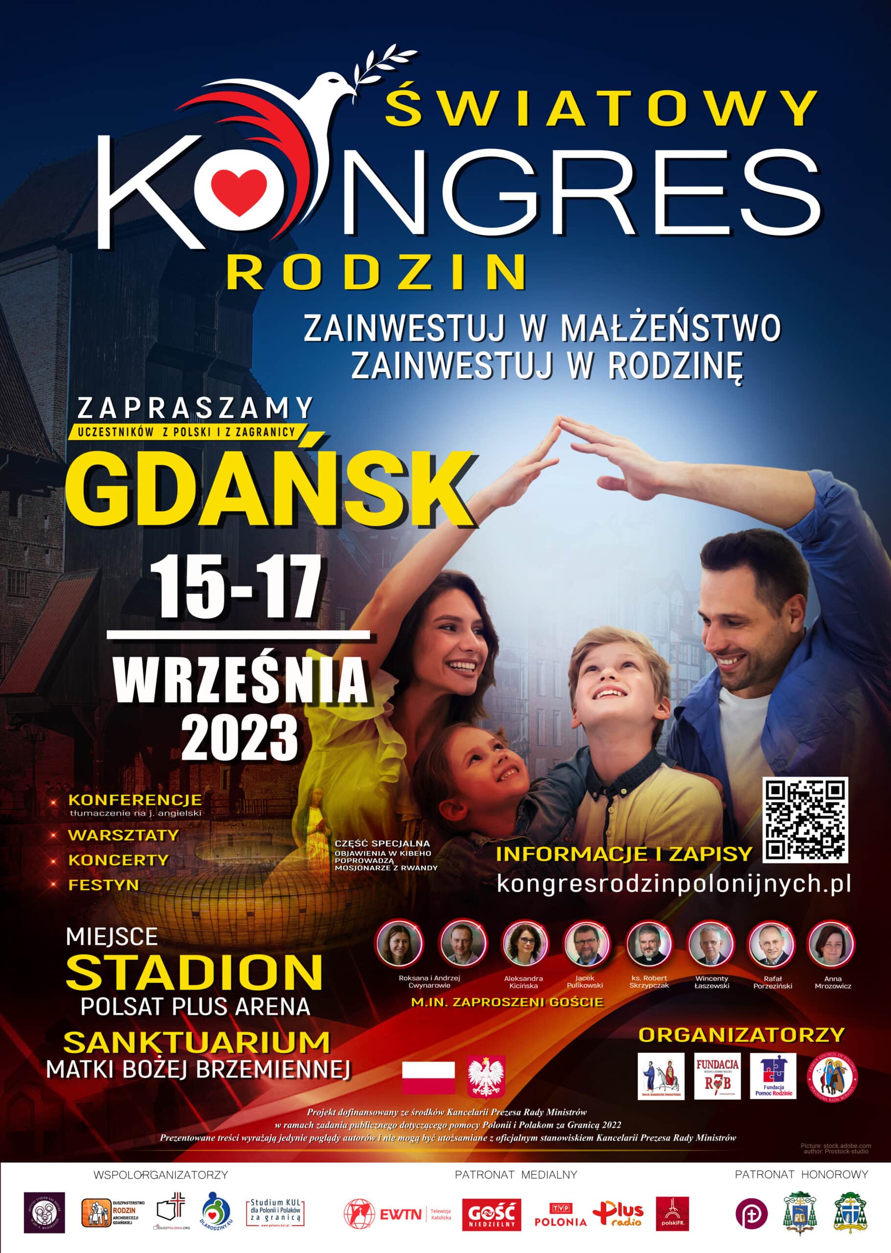 Plakat promujący Światowy Kongres Rodzin w Gdańsku, 15-17 września 2023. Warsztaty, konferencje, koncerty.