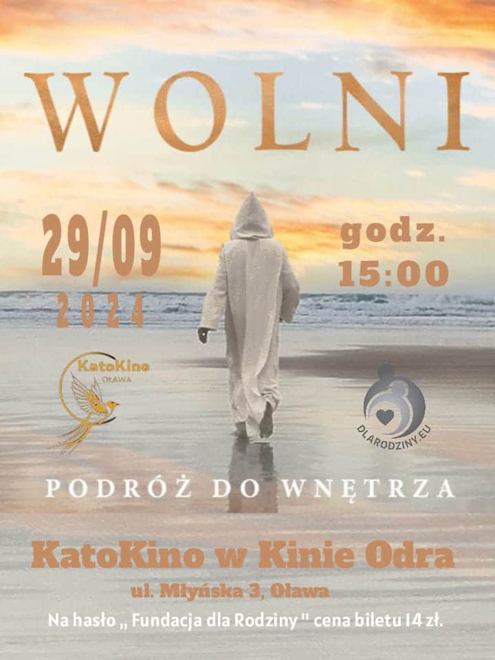 Osoba w płaszczu idzie po plaży o zachodzie słońca. Tekst: Wolni, data wydarzenia 29/09/2024, Oława.