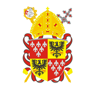 Herb z hełmem i labrami, przedstawiający tarczę z orłami i liliami, pod biskupim kapeluszem i pastorałem.