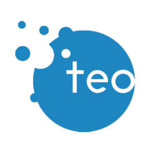Niebieskie logo z literami tea i wzorem przypominającym ugryzienie w okręgu.