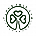 Logo YoungTree.org z trzema liśćmi w kształcie serc i gwiazdkami wokół.