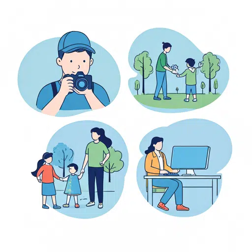 Ilustracje przedstawiają rodzinne sceny: mężczyzna robiący zdjęcia, spacery w parku, spędzanie czasu z dziećmi i pracę przy komputerze.