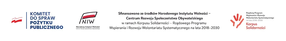 Logo Komitetu ds. Pożytku Publicznego i NIW, informacja o finansowaniu z Korpusu Solidarności na lata 2018-2030.