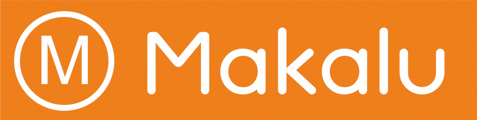 Logo Makalu na pomarańczowym tle, litera M w okręgu, obok napis Makalu.