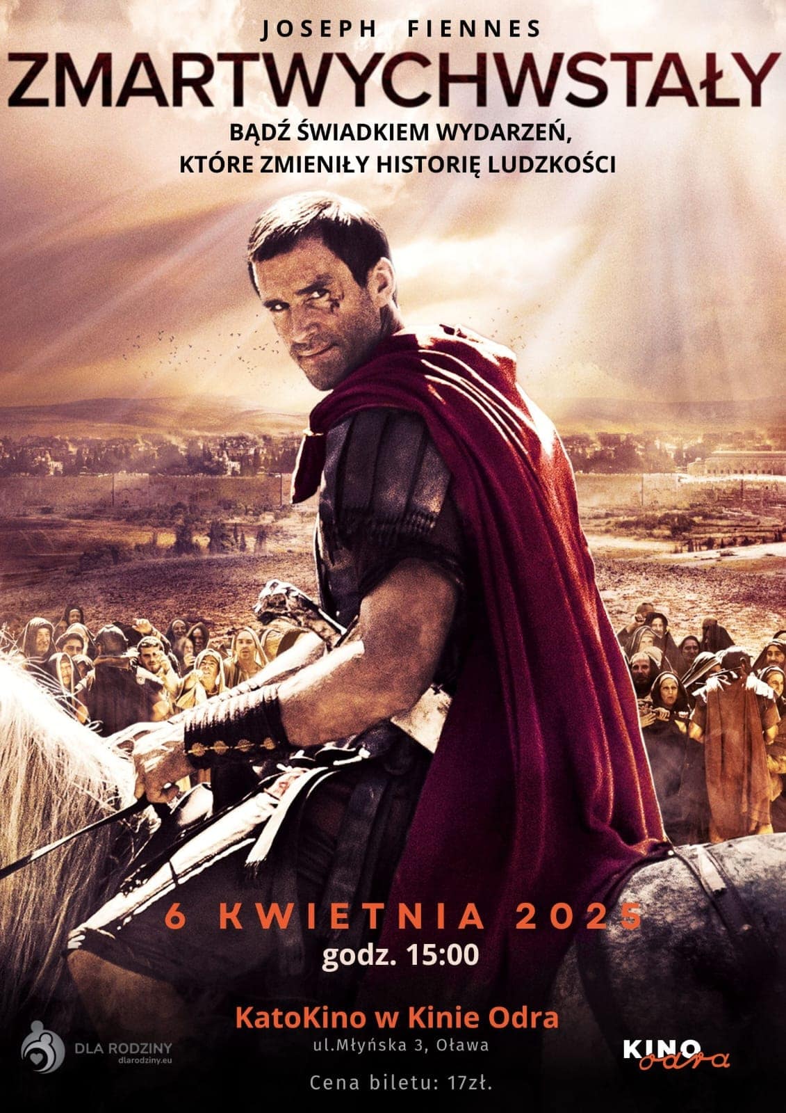 Plakat filmowy Zmartwychwstały z rycerzem na koniu, promujący seans w Oławie, 6 kwietnia 2025, godz. 15:00.