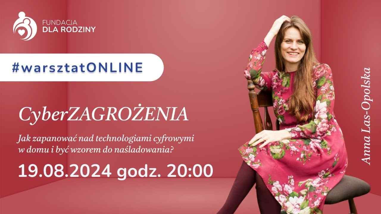 Plakat warsztatu online Cyberzagrożenia z kobietą w czerwonej sukience i datą: 19.08.2024, 20:00.