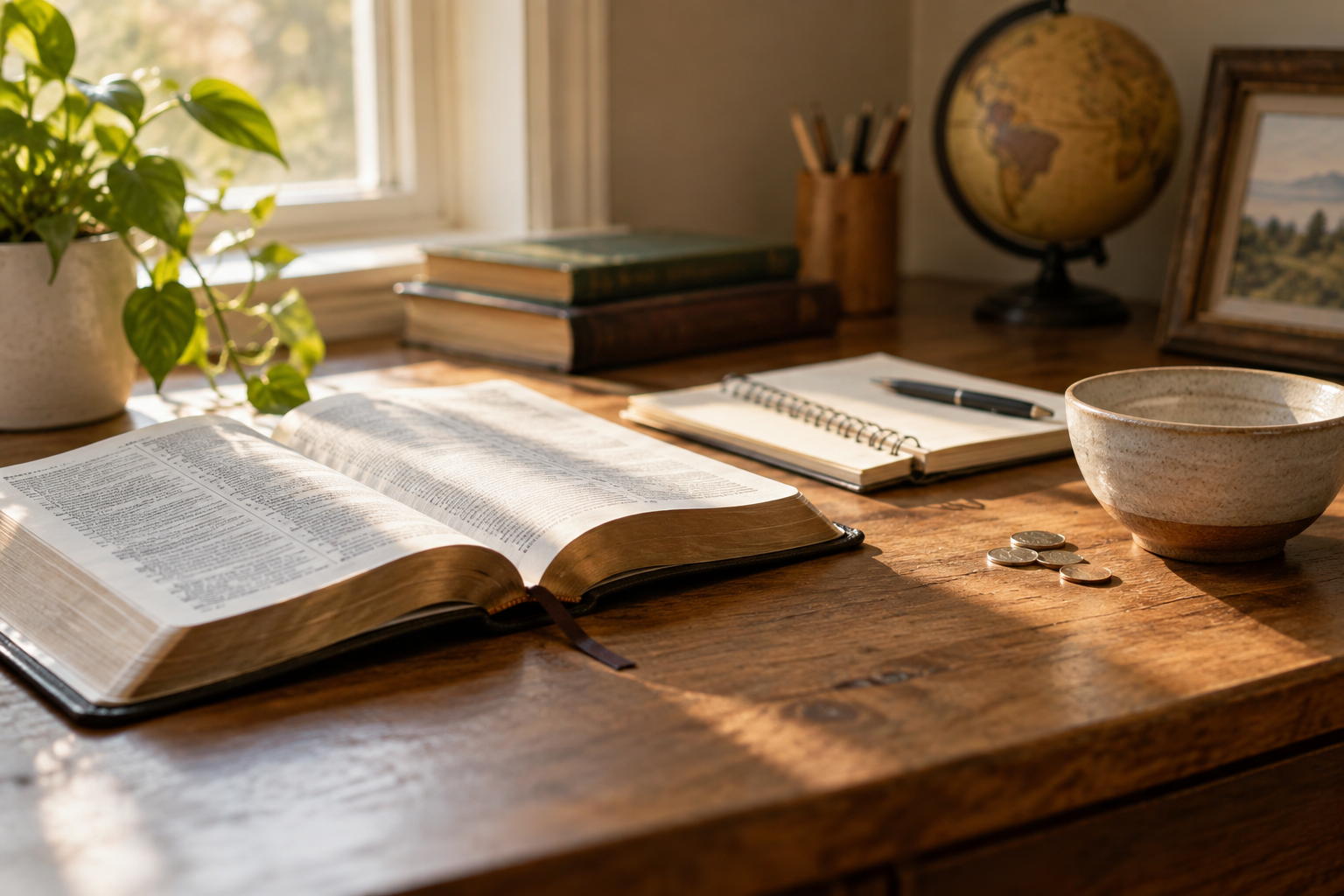 Otwarta Biblia, notes budżetowy i monety na drewnianym biurku